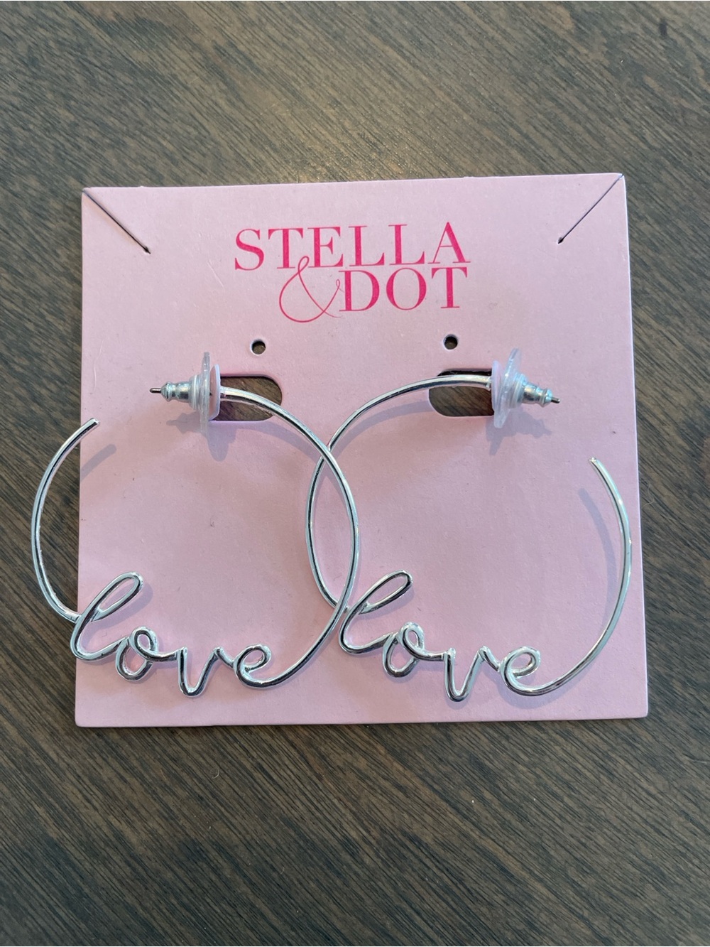 Stella & Dot Silver 'Love' Script Hoop Earrings